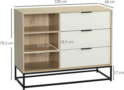 Credenza Moderna a Base Rialzata, Mobiletto Multiuso Con 3 Cassetti E 3 Ripiani Aperti in MDF, Truciolato E Acciaio, 100X40X79.5 Cm, Bianco E Color Legno