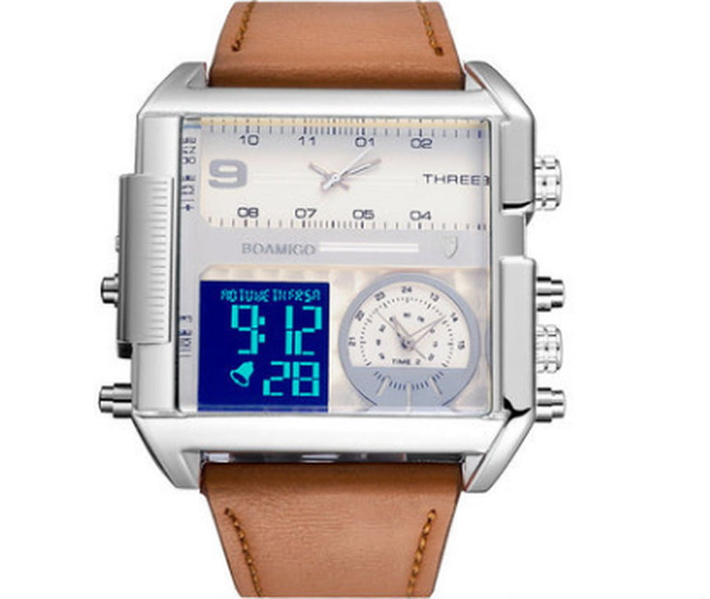 Men Sports Watches Man Military Chronograph Digital Watch Leather Rectangle Quartz Wristwatches