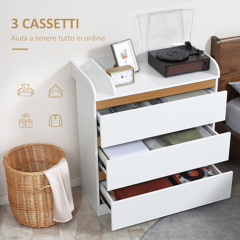 Cassettiera 3 Cassetti in Legno MDF E Truciolato per Camera Da Letto E Soggiorno, 80X40X86Cm, Bianco