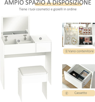 Mobile Da Trucco Con Specchio a Scomparsa E Sgabello, Tavolo Consolle Con Cassetto, 80X40X79 Cm, Bianco