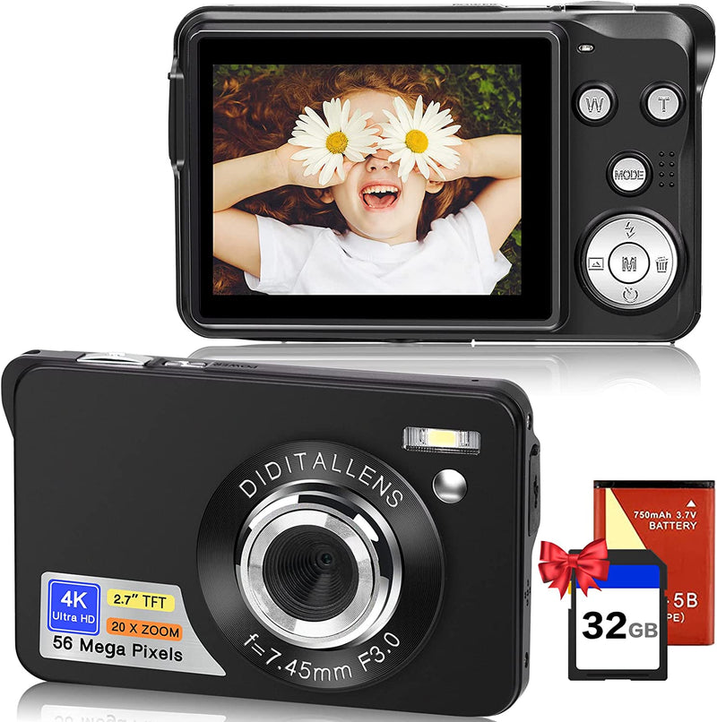 56MP 4K HD Macchina Fotografica Digitale Fotocamera Compatte Ricaricabile Zoom Digitale 20X Schermo Da 2,7 Pollici Macchina Digitale Compatta Con Scheda Da 32GB per Bambini, Studenti,Principianti