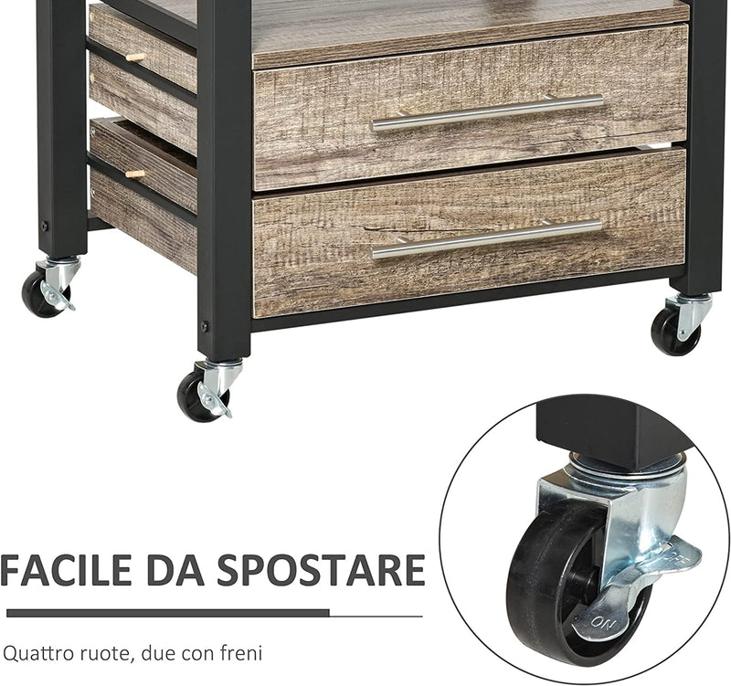 Carrello Da Cucina Portavivande Con 3 Cassetti E Mensola, Mobiletto Multiuso in Legno Truciolare, 60X50X84.5Cm, Quercia