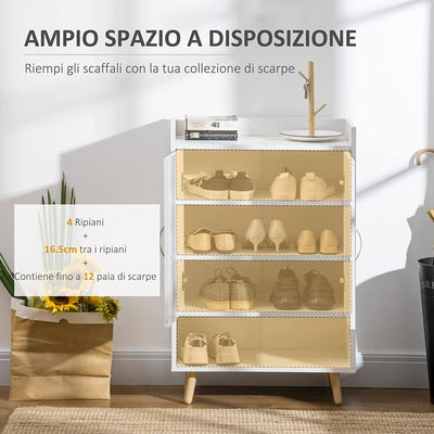 Mobile Scarpiera Salvaspazio in Legno Bianco Con Ripiano Aperto, Armadio Scarpiera Di Design per Ingresso, 60X30X92Cm