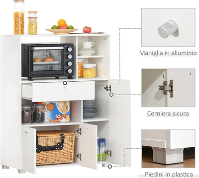 Mobile Cucina per Microonde Con Armadietti, Mensole E Cassetto, Credenza Moderna in Legno 90X40X120Cm Bianco