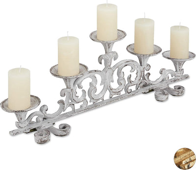 Portacandele Antico, a 5 Bracci Candelabro, Shabby Chic, Vintage, HLP 20X59X9,5 Cm, Bianco