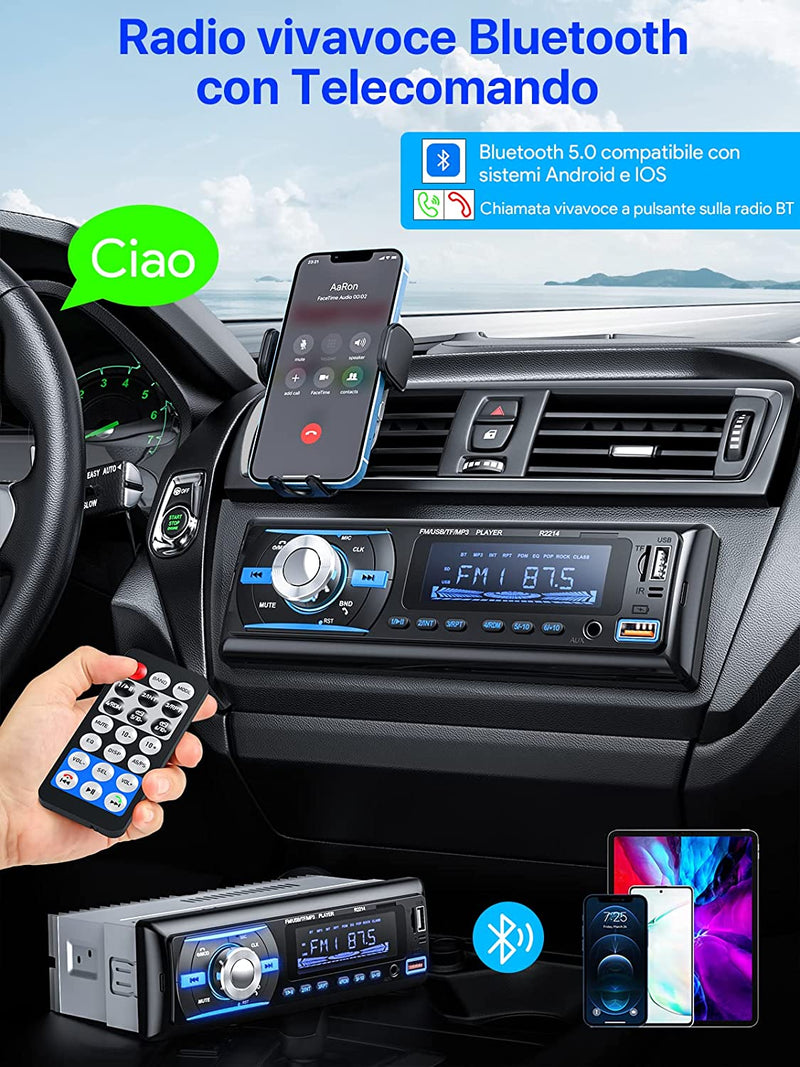 RDS Autoradio Bluetooth 5.0 Vivavoce,  FM/AM Bluetooth Autoradio Con Telecomando, Supporto Due USB/AUX In/Sd/Tf/Wma/Wav/Mp3 Player, 1 DIN Stereo Radio 4X65W Supporto Ios Android