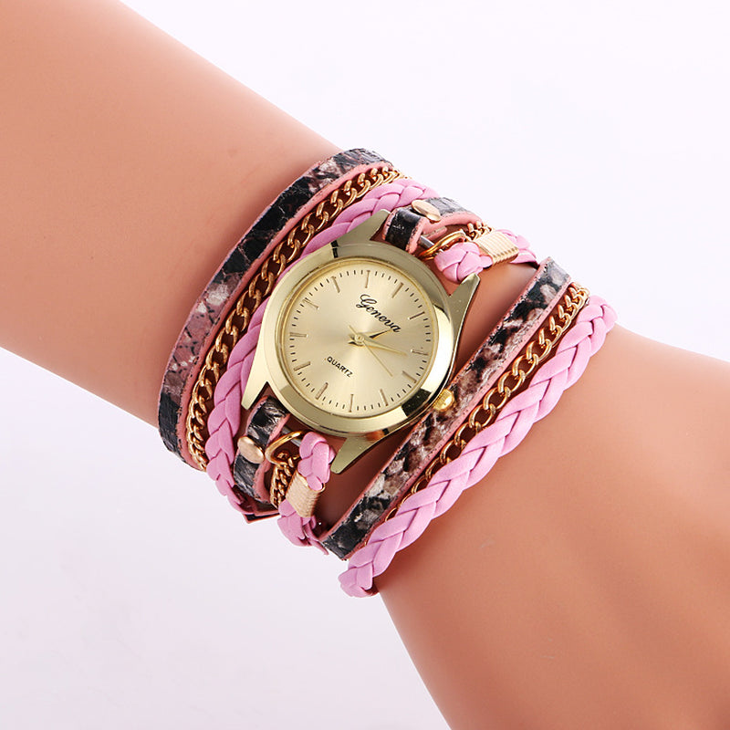 Ladies Wrap Watch Fashion Leopard Weave Bracelet Watch