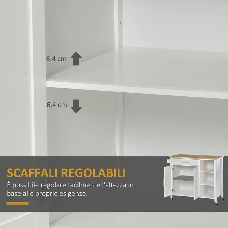 Carrello Con Ruote Salvaspazio, Penisola Cucina in Legno Massiccio: 1 Cassetto, 1 Armadietto, 3 Ripiani E 4 Ruote, 107.5X48X89 Cm