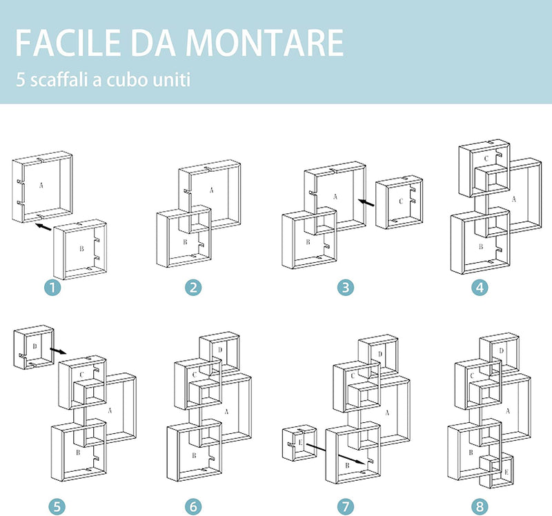 Scaffale Moderna a Parete Con 5 Cubi Intrecciati, per Ufficio, Soggiorno E Salotto, 49.5X10.2X86Cm, Bianco