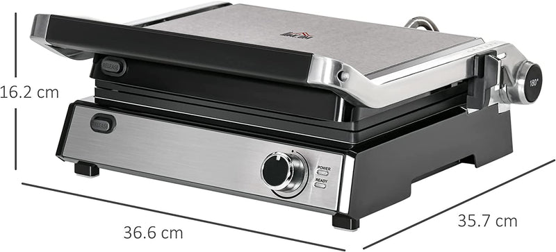 Piastra Elettrica 2000W Apribile a 180° in Alluminio E Acciaio Inox per 4 Fette Con Spatola E Vassoio Antigoccia, 29X51.6Cm, Argento E Nera