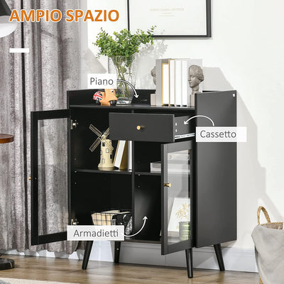 Armadietto Due Ante Con Ripiano Regolabile, Piano D'Appoggio E Spazi Aperti in MDF E Legno, 80X40X94.3Cm, Nero