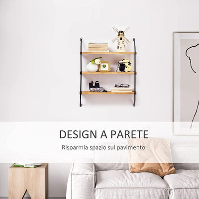 Libreria Moderna Sospesa a Scaletta, Scaffale in Legno E Metallo per Soggiorno E Salotto 51X15X63.5Cm, Naturale