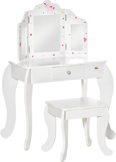 Kids Vanity Table & Stool Girls Dressing Set Make up Desk Chair Dresser Play Set with Rotatable Mirrors Drawer Star & Heart Pattern White