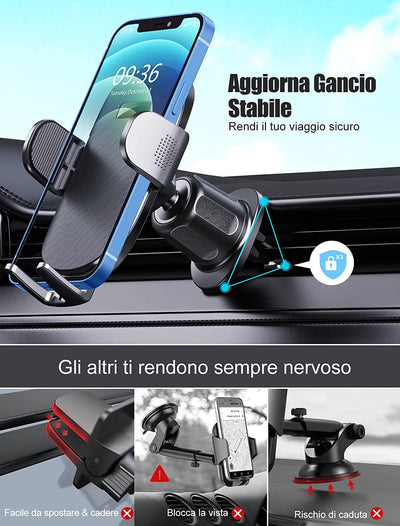 Porta Cellulare Auto [2023 Gancio Aggiornato], 360° Di Rotazione Supporto Cellulare Auto Bocchette Dell'Aria, Porta Telefono Auto Compatibile Con Iphone 14 PRO Max E Altro 4-7” Smartphone