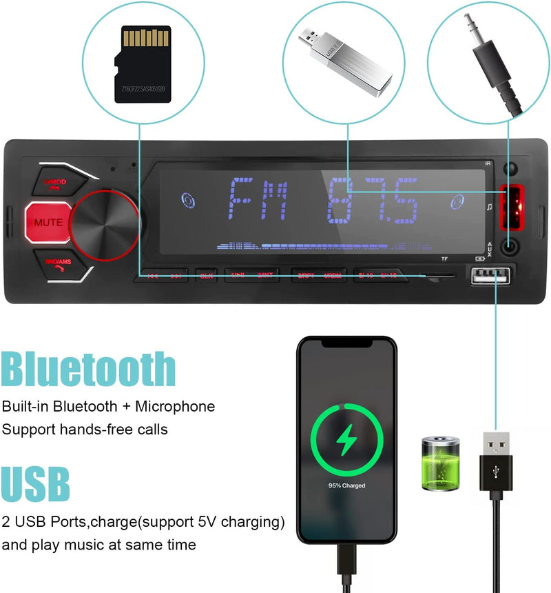 Autoradio Bluetooth Vivavoce 1 Din - Telecomando APP - Lettore MP3 Multimediale per Auto: Microfono Incorporato | Compatibile Con USB | TF | AUX | Radio Stereo FM Con 7 Luci Colori