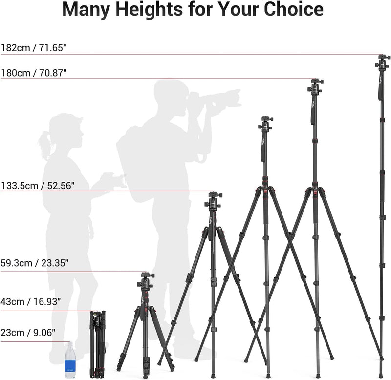 Treppiede per Fotocamera Monopiede, Treppiede in Alluminio Leggero E Portatile Da 72" 182 Cm, Testa a Sfera a Sgancio Rapido a 360°, Carico Massimo 15 Kg, Regolabile Da 17" a 72" - 3935