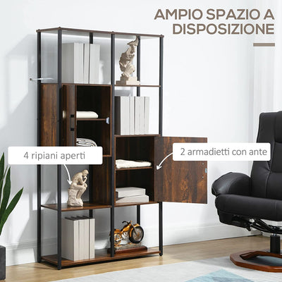 Libreria Moderna Stile Industriale Con 4 Ripiani E 2 Armadietti, Scaffale in Metallo E Legno per Casa E Ufficio, 90X30X159.5Cm, Nero E Marrone