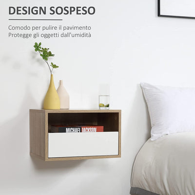 Set 2 Comodini Sospesi in Legno Con Cassetto E Ripiano Aperto, Design Moderno 45X35X27.5Cm, Bianco E Color Legno