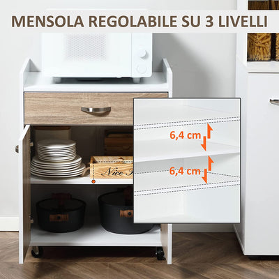 Carrello Da Cucina Portavivande per Microonde Con Cassetto, Armadietto E 4 Ruote, in Legno, 60X40X77Cm, Rovere