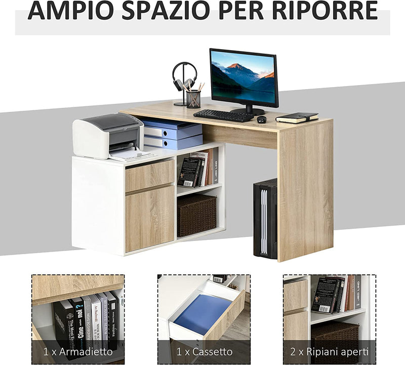 Scrivania Angolare, Scrivania Ad Angolo per Computer Da Camera O Ufficio, Scrivania Salvaspazio in Legno, Rovere E Bianco