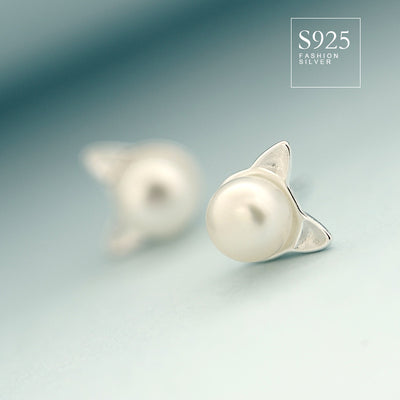 925 Sterling Silver Natural Freshwater Pearl Sprouting Cat Cat Ears Earrings