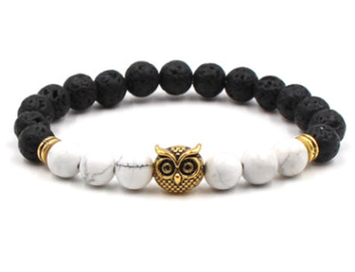 Foreign Trade Aliexpress Best Selling 8Mm Natural Stone Black Lava Volcanic Stone Bracelet Gold Alloy Owl Bracelet