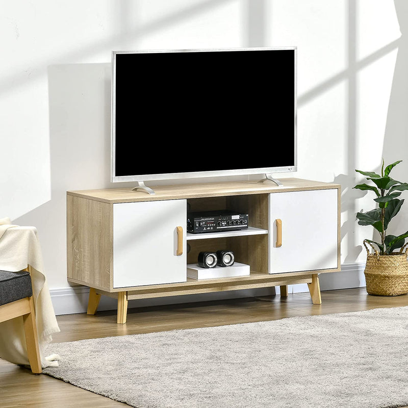 Mobile TV Moderno Con Armadietti E Vani Aperti, Mobiletto Basso in Legno per TV Fino 55", 120X40X55Cm, Legno Naturale E Bianco