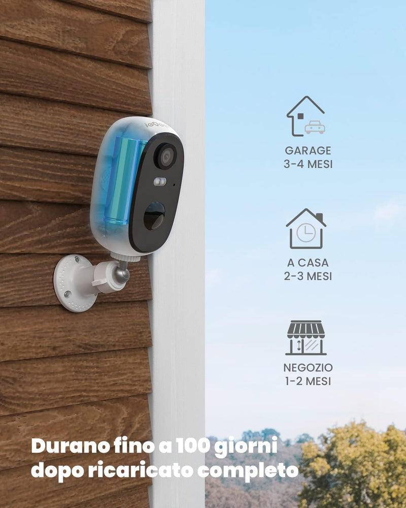 2K Telecamera Wi-Fi Interno / Esterno Batteria Senza Fili, Videocamera Sorveglianza Con Visione Notturna a Colori, Allarme Con Rilevamento Del Movimento, Sirena, IP65, Audio a 2 Vie, Sd/Cloud