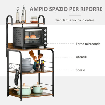 Mobiletto per Microonde a 4 Ripiani E 4 Ganci, Mobile Cucina in Acciaio E Legno 60X40X125Cm, Marrone Rustico