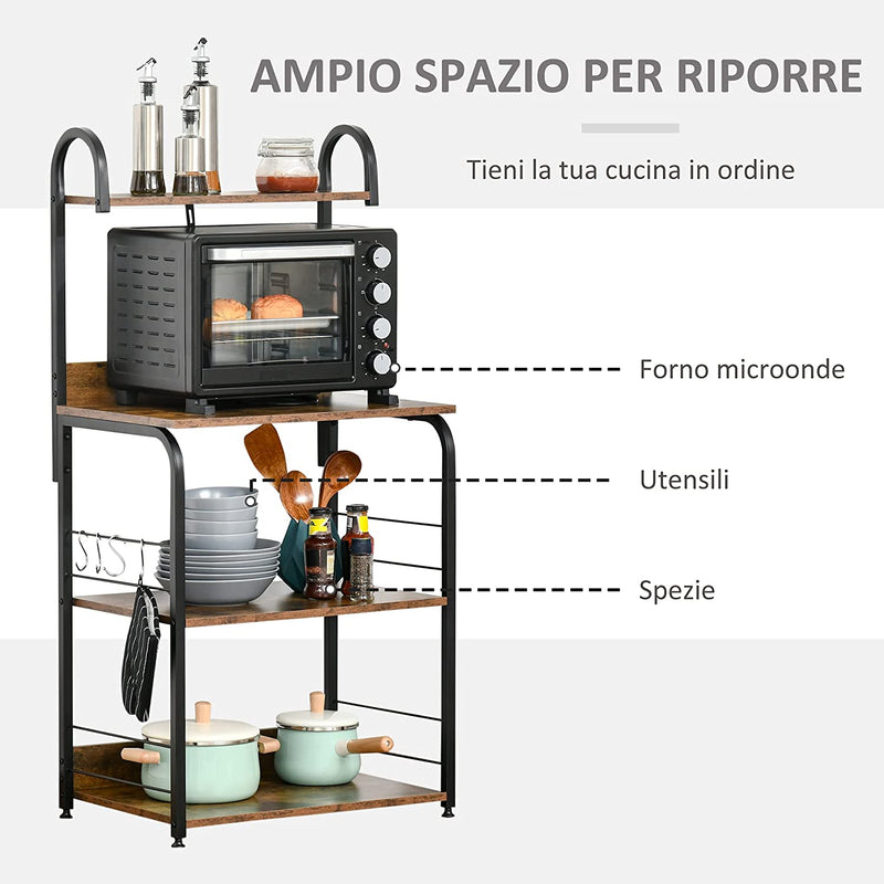 Mobiletto per Microonde a 4 Ripiani E 4 Ganci, Mobile Cucina in Acciaio E Legno 60X40X125Cm, Marrone Rustico