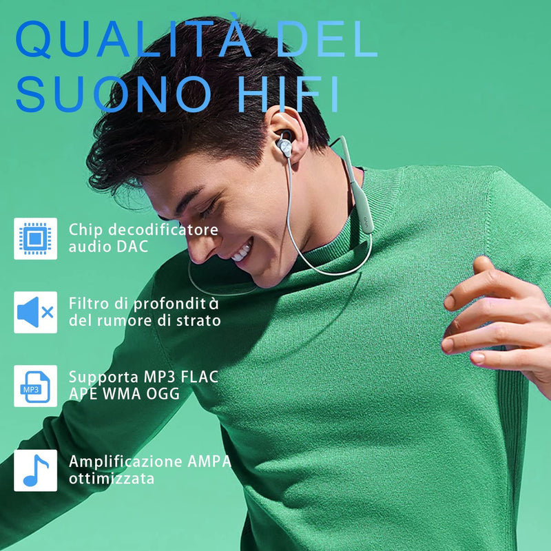 64GB Lettore MP3 Con Bluetooth 5.2,  Lettore Musicale Con Altoparlante HD Integrato, Radio FM, Registratore Vocale, Suono Hifi, Peso 0,15 Lb, Funzione E-Book, Auricolari Inclusi