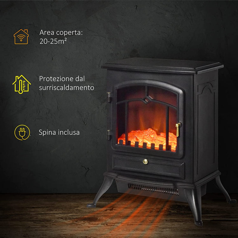 Camino Elettrico Da Terra Con Effetto Fiamma Potenza 1000W /2000W in ABS E Vetro 45×28×54Cm Nero