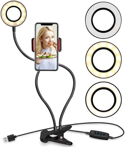 Braccio Selfie USB Flessibile Con Anello Ring Led Lampada Regolabile per Vlogging Video Clip Supporto Da Tavolo Pinza Multifunzione Staffa Spettacolo 3 Effetti Luce per Cellulare Smartphone