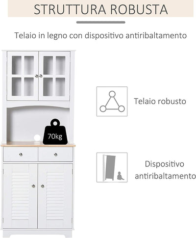 Credenza Alta per Cucina, Mobile Buffet in Legno Bianco, Armadio Dispensa in Stile Classico, Bianco, 68X39.5X170Cm