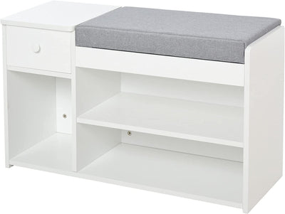 Panca Scarpiera Con Cuscino, Cassetto E 3 Vani Aperti, Mobile per Ingresso in Legno 81X31.5X49Cm, Bianco