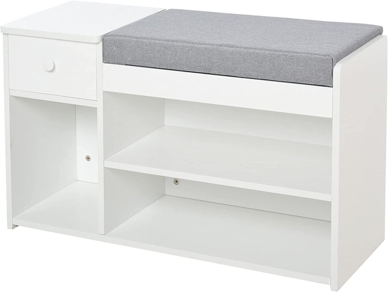 Panca Scarpiera Con Cuscino, Cassetto E 3 Vani Aperti, Mobile per Ingresso in Legno 81X31.5X49Cm, Bianco