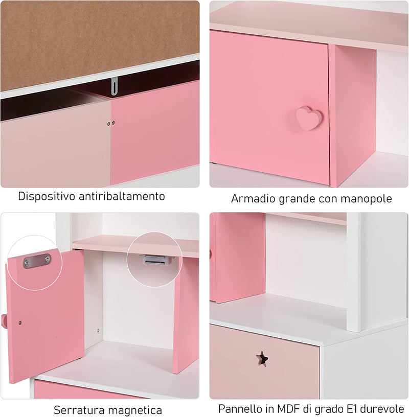 Libreria Scaffale Portagiochi Rosa per Cameretta Bimbi E Ragazzi Con 2 Cassetti Estraibili, 80 X 34 X 130 Cm