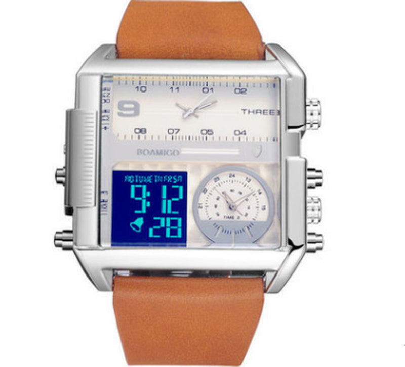 Men Sports Watches Man Military Chronograph Digital Watch Leather Rectangle Quartz Wristwatches