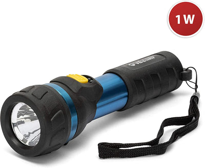 IP05 Torcia LED in Alluminio Iper Resitente. Con Comodo Laccio. Funziona Con 2 Pile AA (Non Fornite). Super Luminosa 70Lm (1W), Resistente All'Acqua E Urti, Blu