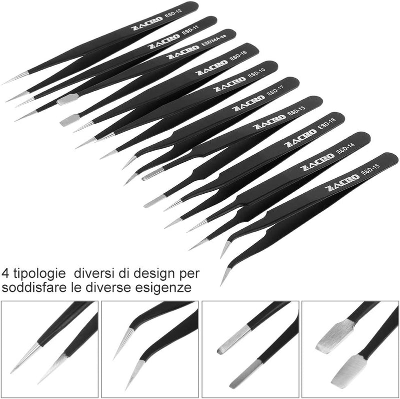 11 Pezzi Pinzette Industriali Antistatiche in Acciaio Inossidabile Pinzetta Elettronica Di Professionali Precisi per Riparazione Gioielli E (Non Magnetico)
