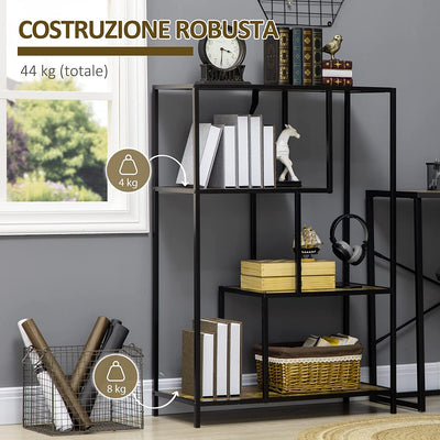 Libreria Moderna Stile Industriale a 4 Ripiani, Scaffale in Legno E Metallo per Salotto E Ufficio, 77X33X114Cm, Marrone