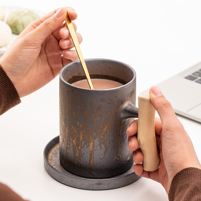 Gilt Stoneware Coffee Cup, Japanese Style Mug, Wooden Handle, Large Capacity