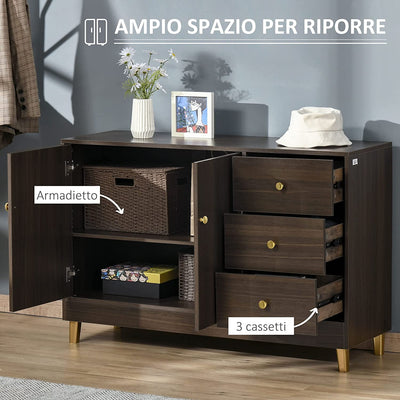 Credenza Moderna Con 3 Cassetti E Ripiano Interno Regolabile, Mobiletto Multiuso in MDF, Adatto a Ogni Spazio Interno, 120X42.5X80Cm, Marrone