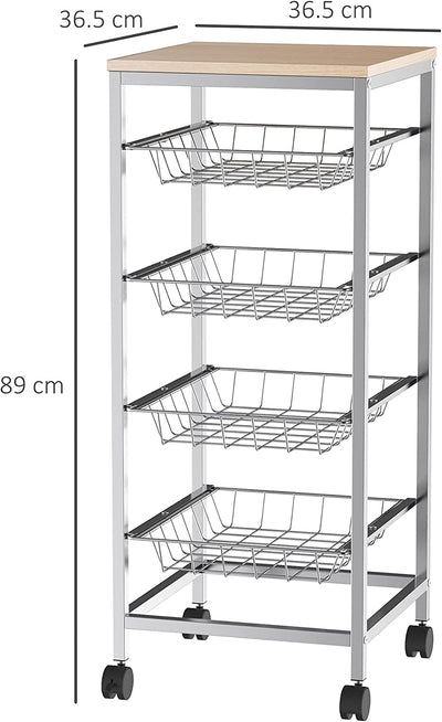 Carrello Cucina Salvaspazio Ruote 4 Cesti Acciaio Legno 36.5 × 36.5 × 89Cm