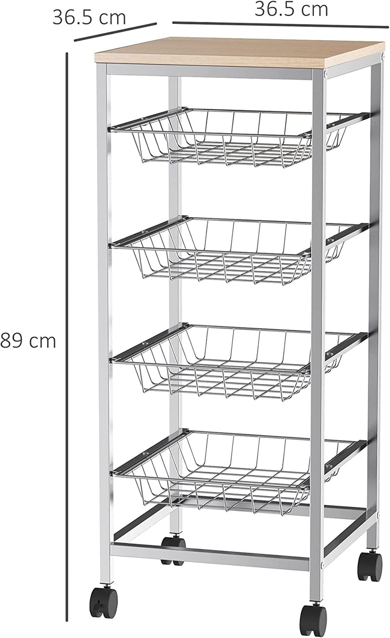 Carrello Cucina Salvaspazio Ruote 4 Cesti Acciaio Legno 36.5 × 36.5 × 89Cm