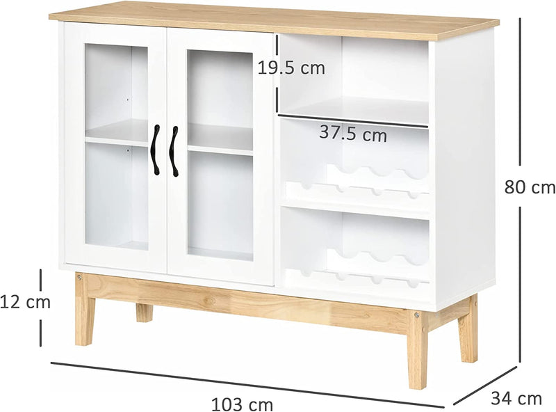 Credenza Moderna Con Armadietto, 3 Ripiani Laterali in Legno Massiccio Con Cantinetta Portabottiglie, Salvaspazio, 103X34X80Cm Bianco