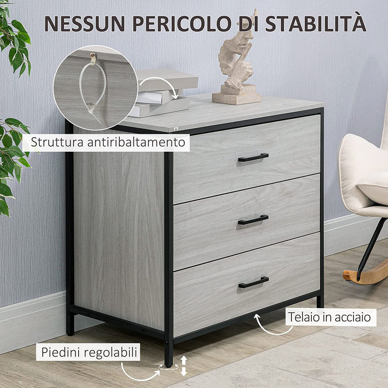 Cassettiera Con 3 Cassetti in Legno E Acciaio, Mobile Multiuso per Camera E Soggiorno, 80X48X78Cm, Grigio Chiaro