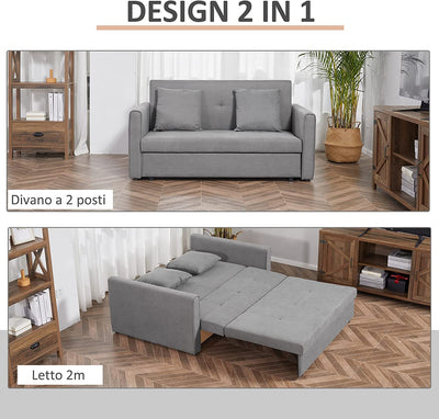 Divano Letto 2 Posti Con Vano Contenitore per Salotto, Soggiorno E Camera, Design 2 in 1, in Policotone E Gommapiuma, Grigio