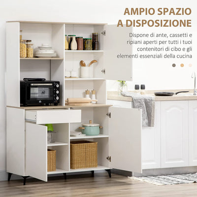 Dispensa Cucina in Truciolato E MDF Con Ripiani Aperti, Armadietti E Cassetto per Utensili Ed Elettrodomestici, 119X41X180 Cm, Bianco