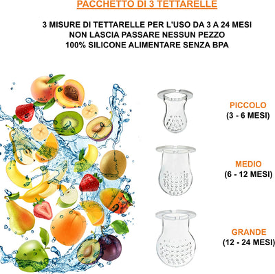 Ciuccio Frutta Neonati | 1 Ciuccio Frutta + 3 Taglie Di Tettarelle Silicone Senza BPA [3 a 24 Mesi] + Manuale D'Uso + Guida GRATUITA | Allevia Il Dolore Alle Gengive | Ciuccio per Frutta Neonati Blu